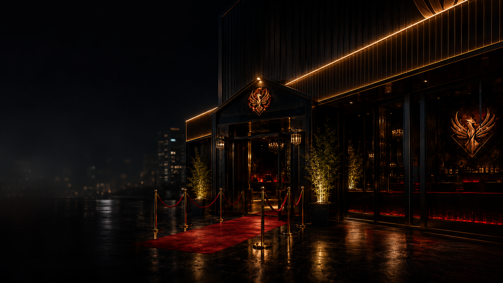 Façade du Phoenix de nuit avec entrée premium et lumière cuivre